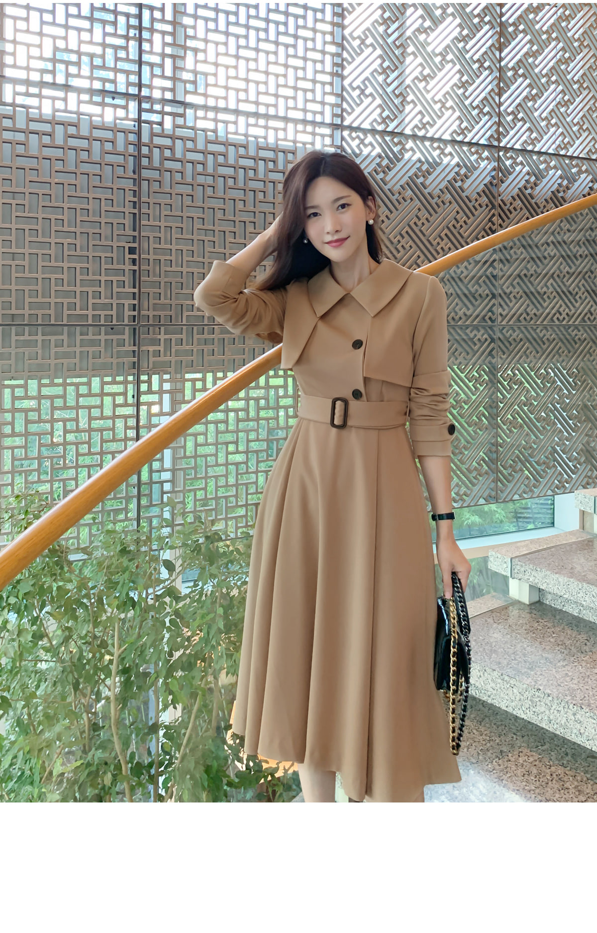 ベルト付ワイドカラートレンチ風ワンピース | レディースファッション