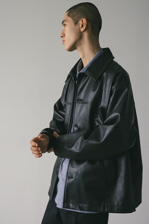 STYLEMIXER | リブカラーフェイクレザージャケット (ジャケット