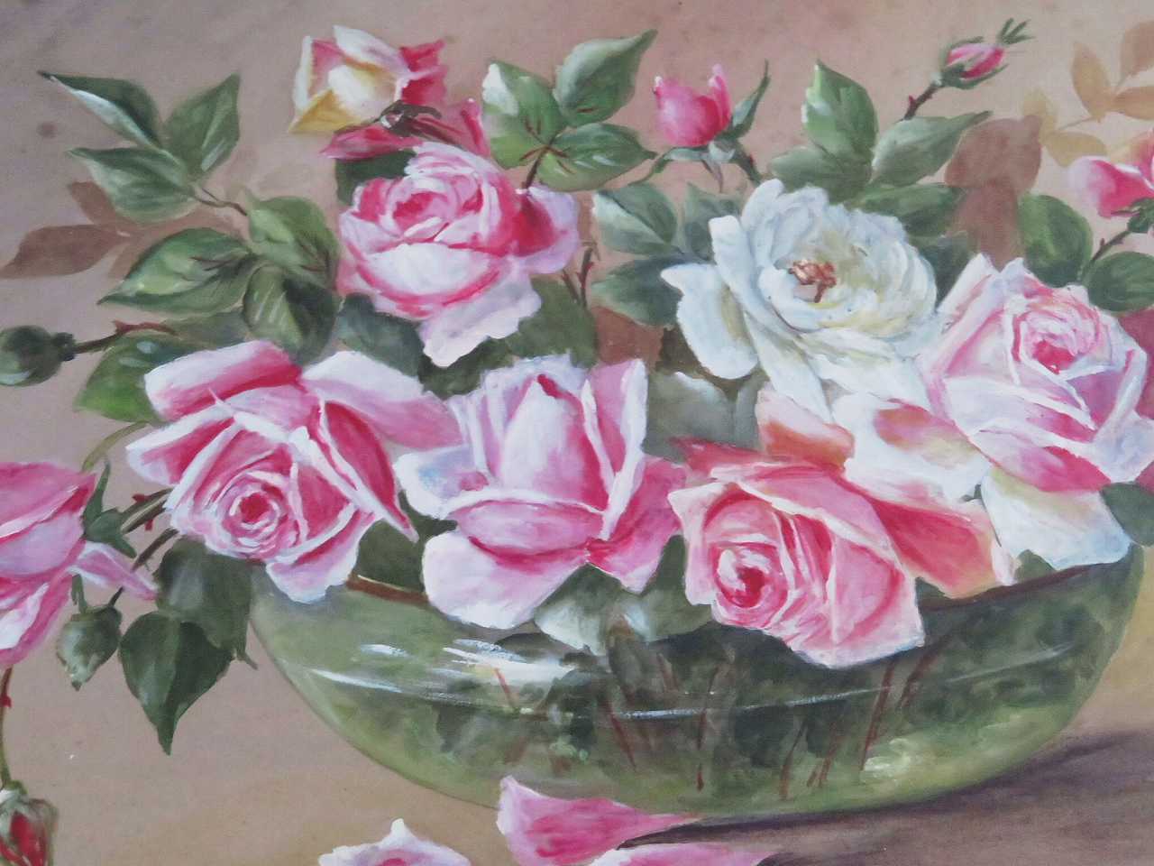 フランス水彩画 『薔薇のある風景』 - 薔薇と天使のアンティーク