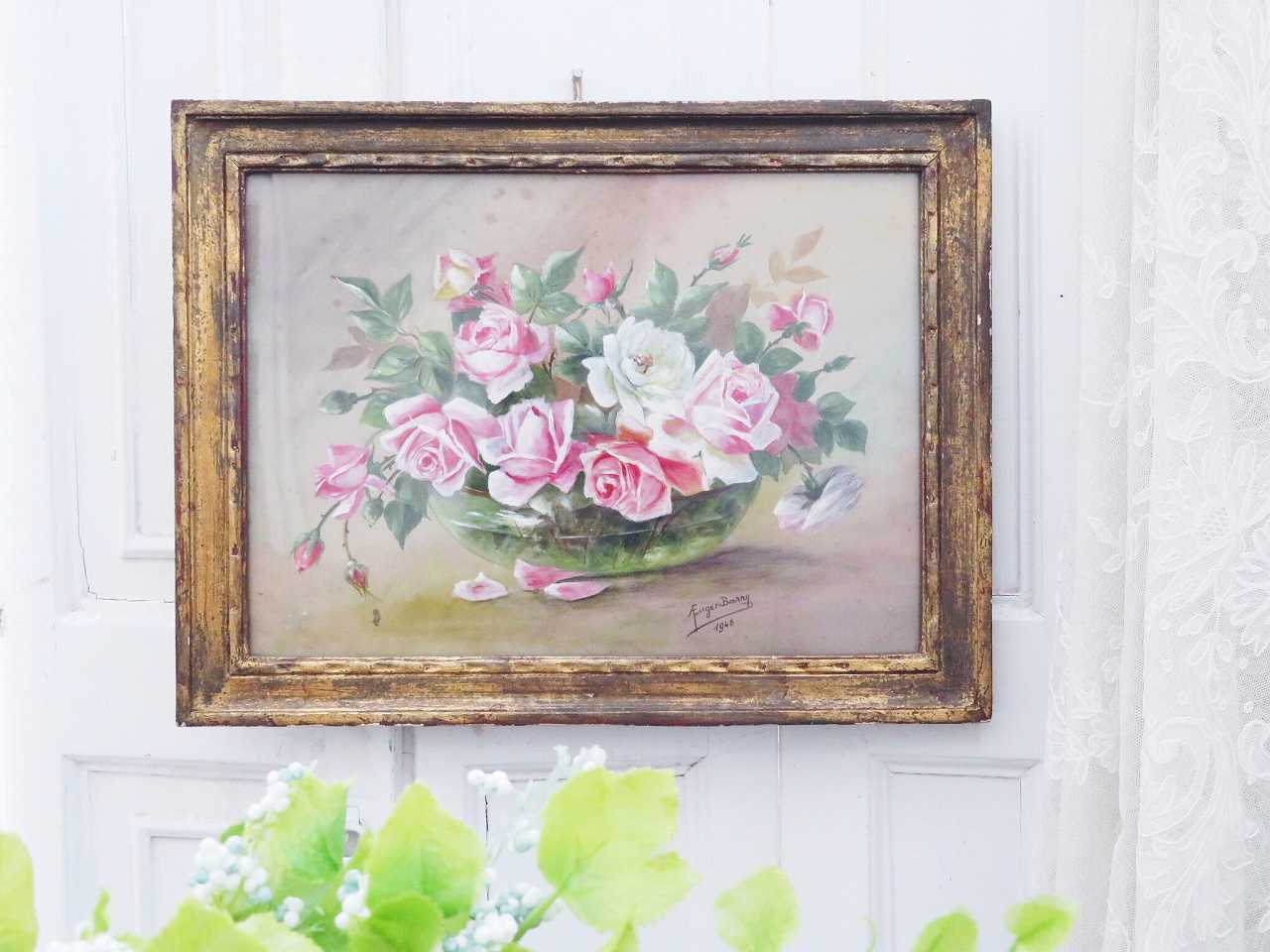 フランス水彩画 『薔薇のある風景』 - 薔薇と天使のアンティーク