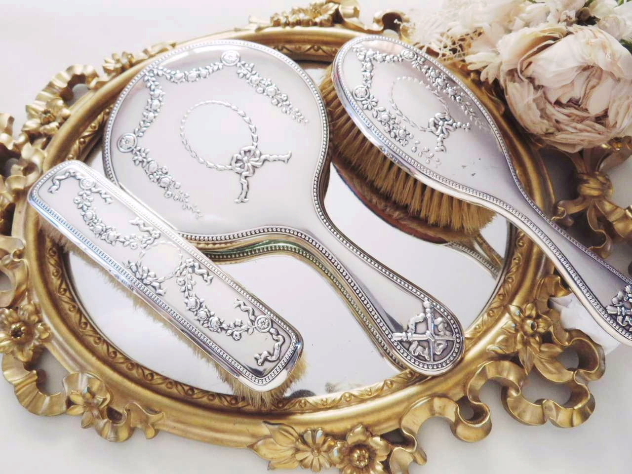 純銀 リボンと薔薇ガーランド装飾 ブラシ＆ミラーセット - 薔薇と天使