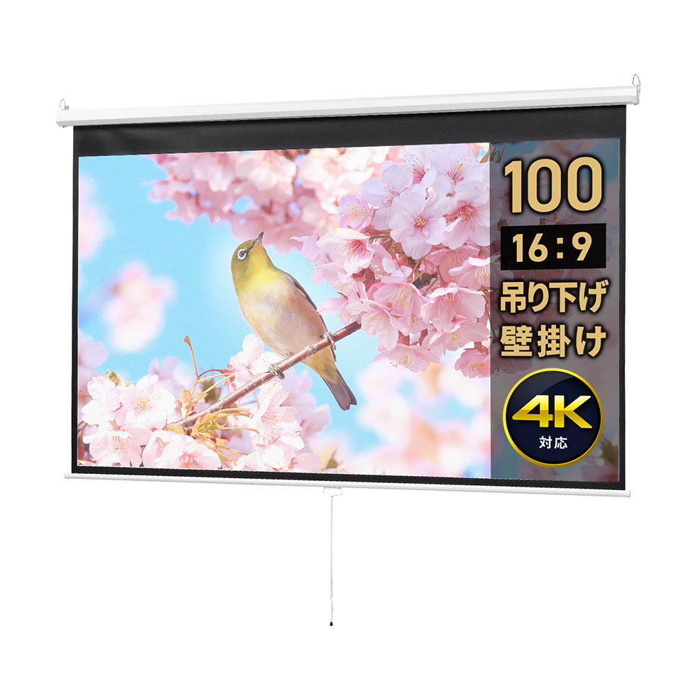 100インチ 吊り下げ式スクリーン／手動ロール・4：3／収納しやすい設計