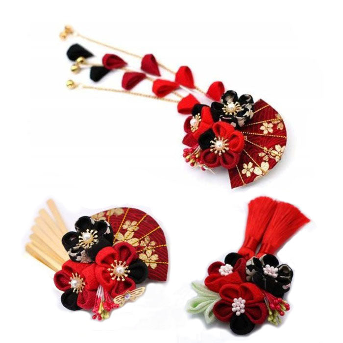 Accessory handmade tsumami kanzashi hair clip 【red & black sakura