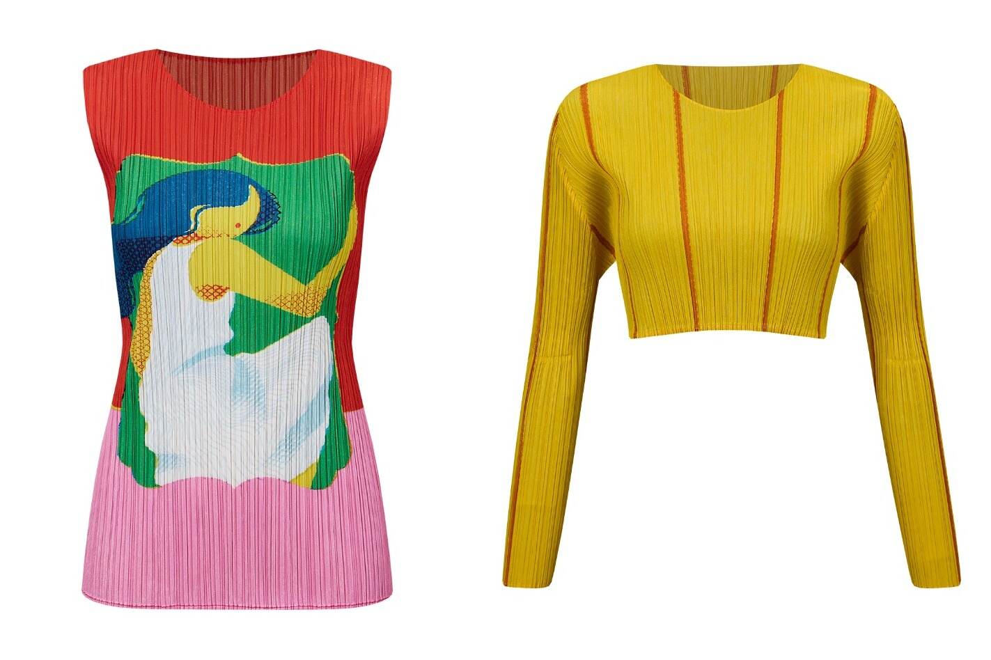 プリーツ プリーズ イッセイ ミヤケの服をまとった女性をカラフルに