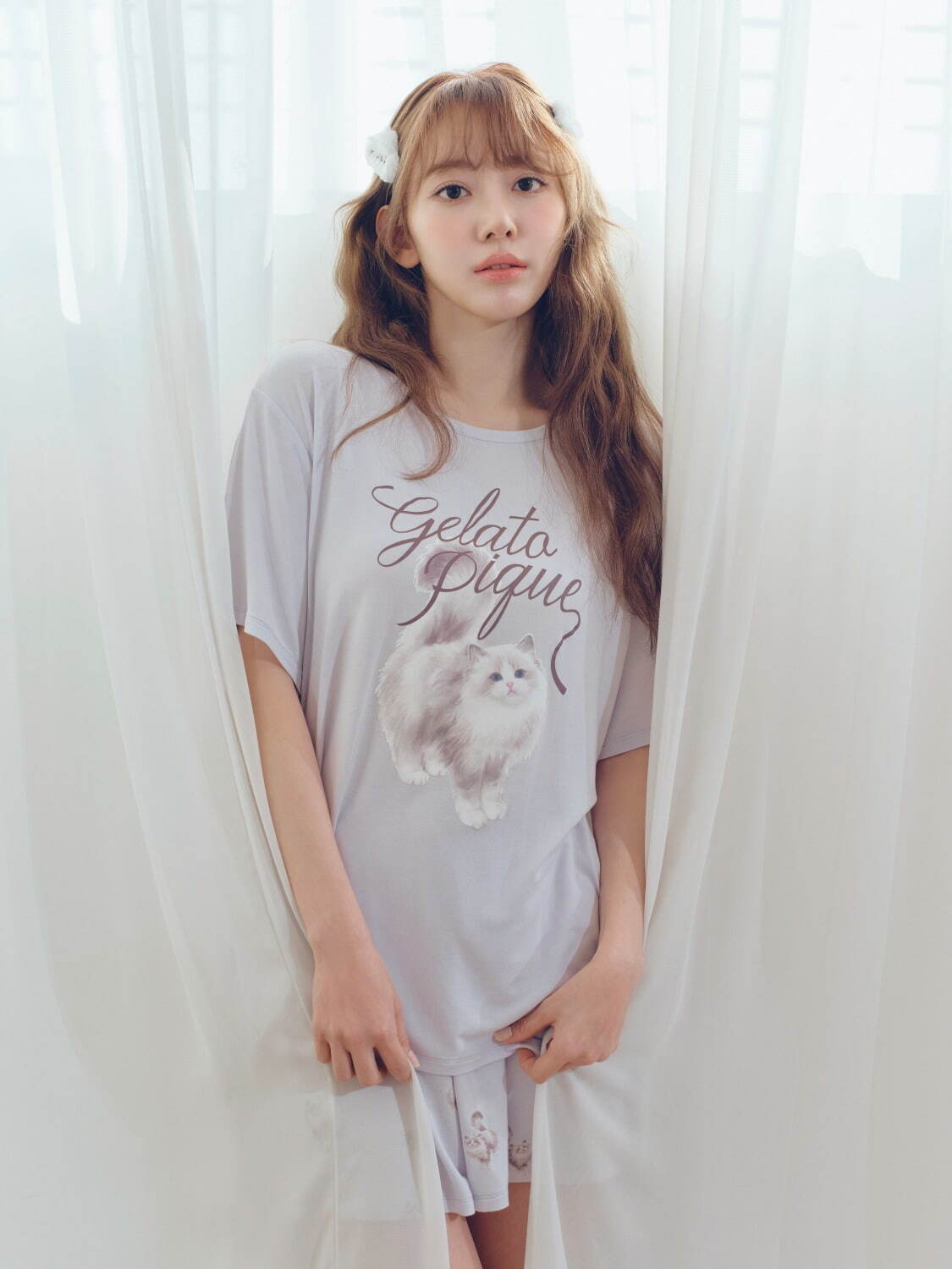 ジェラート ピケ「甘える猫」のルームウェア、ネコの総柄ワンピース