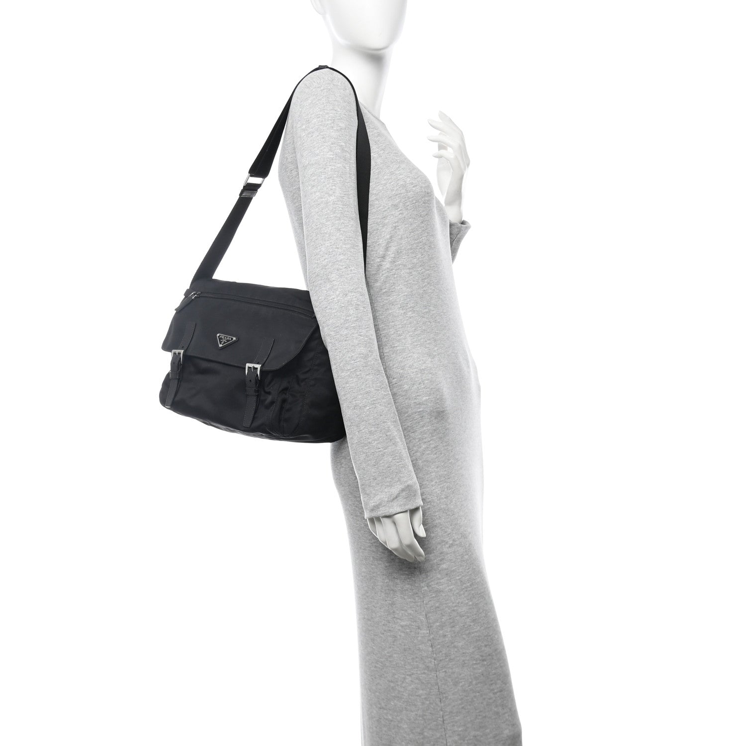 Prada Tessuto Nylon Saffiano Double Buckle Messenger Shoulder Bag