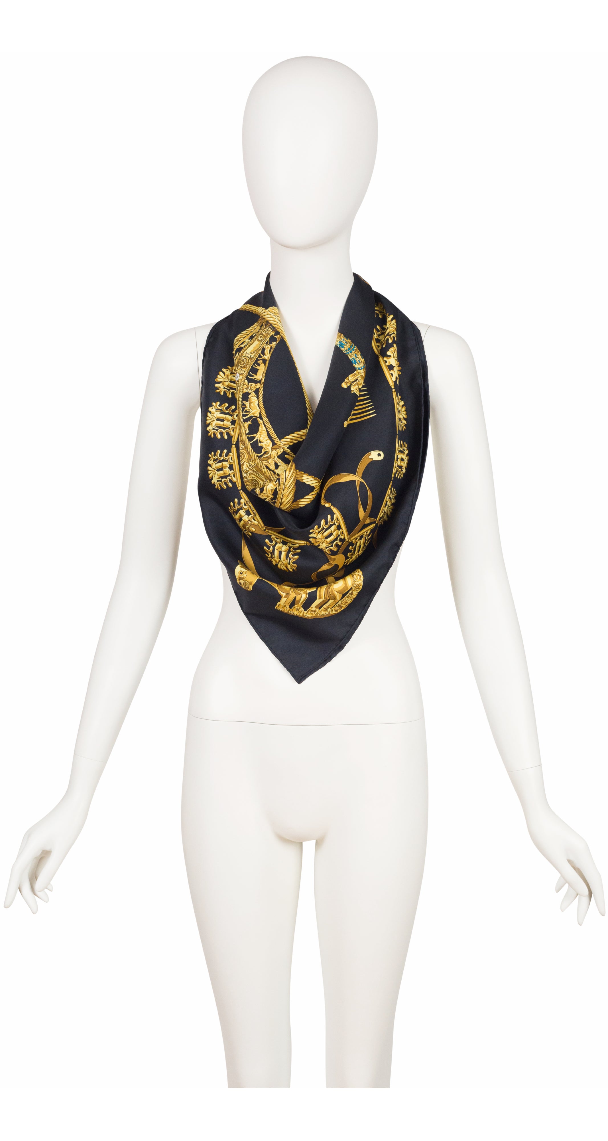 Hermès 1975 Les Cavaliers D'Or by Rybal 90cm Scythian Black Silk