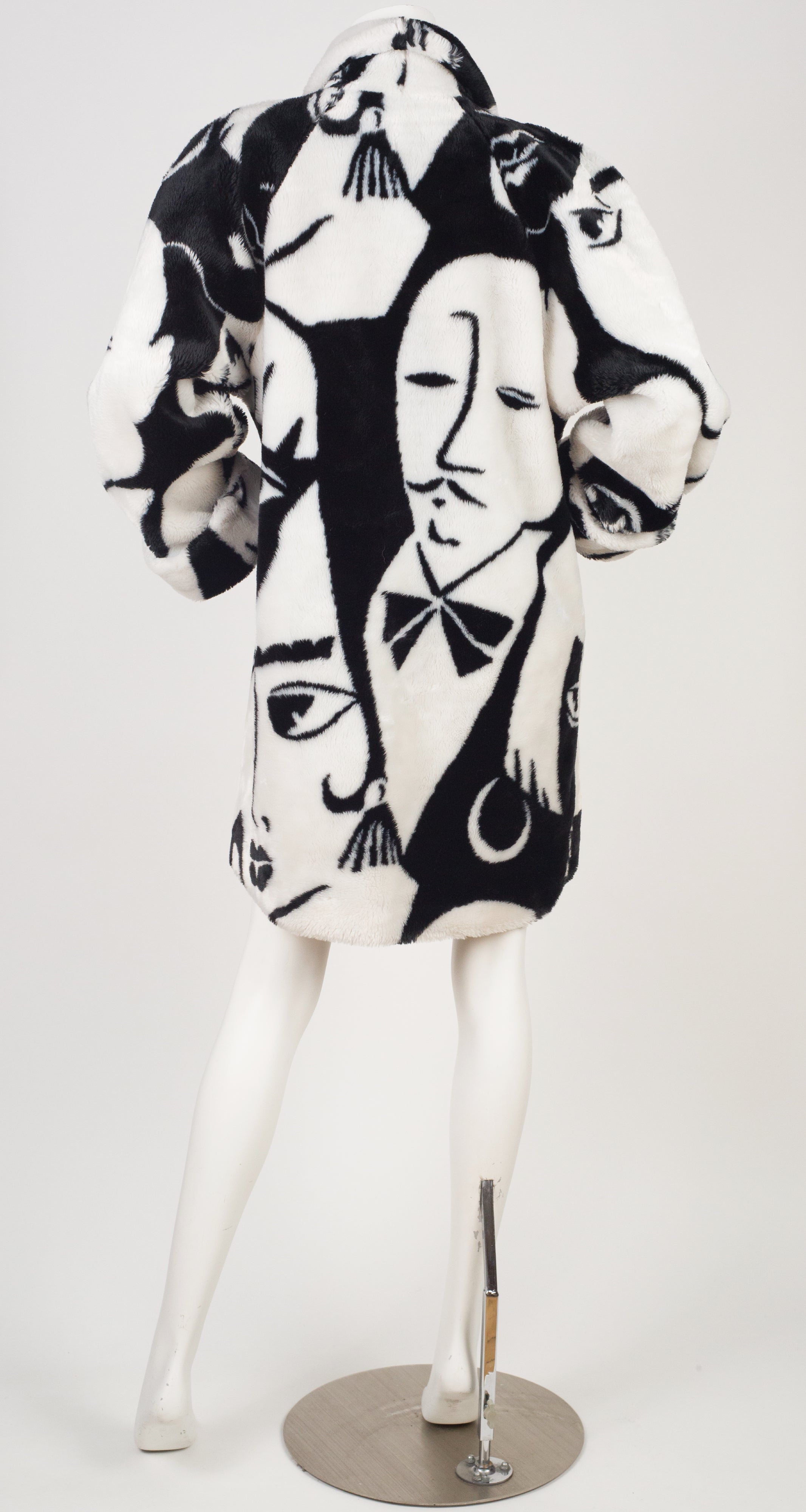 Donnybrook 1980s Face Print Black & White Faux Fur Coat