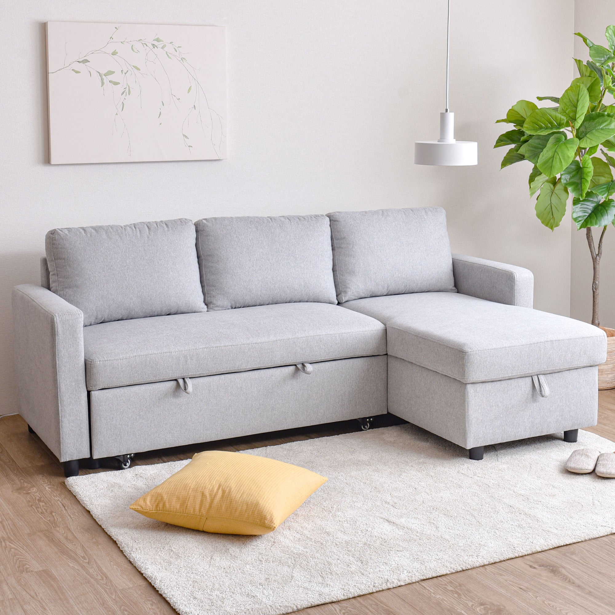 あす着] 幅206cm 2way 3人用 カウチソファ ソファベッド 収納付き 収納