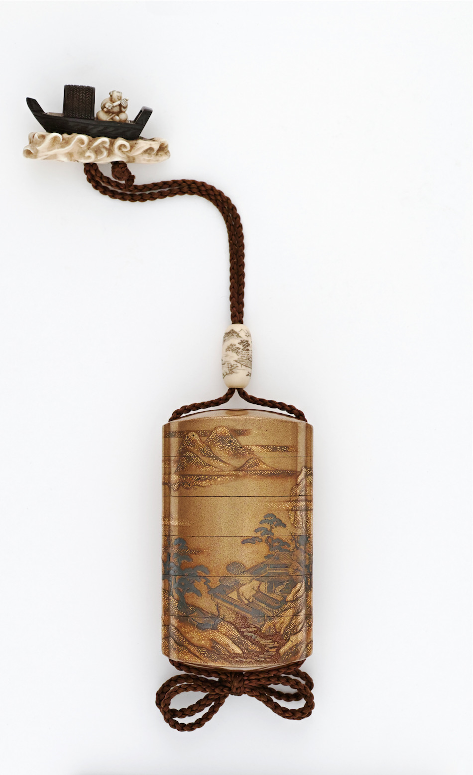 城時代提げ物 金蒔絵山水図 印籠 牛角製饅頭根付・瓢箪根付 U R5051 城