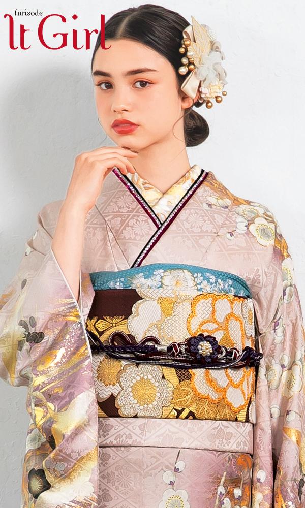 くすみピンクの鶴と梅｜伝統古典 【菊京屋】振袖レンタル 成人式