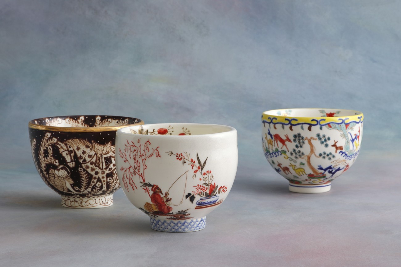 升たか 色絵百鹿紋 ポット小 ペルシャ柄小皿付 陶器 升 たか 色絵