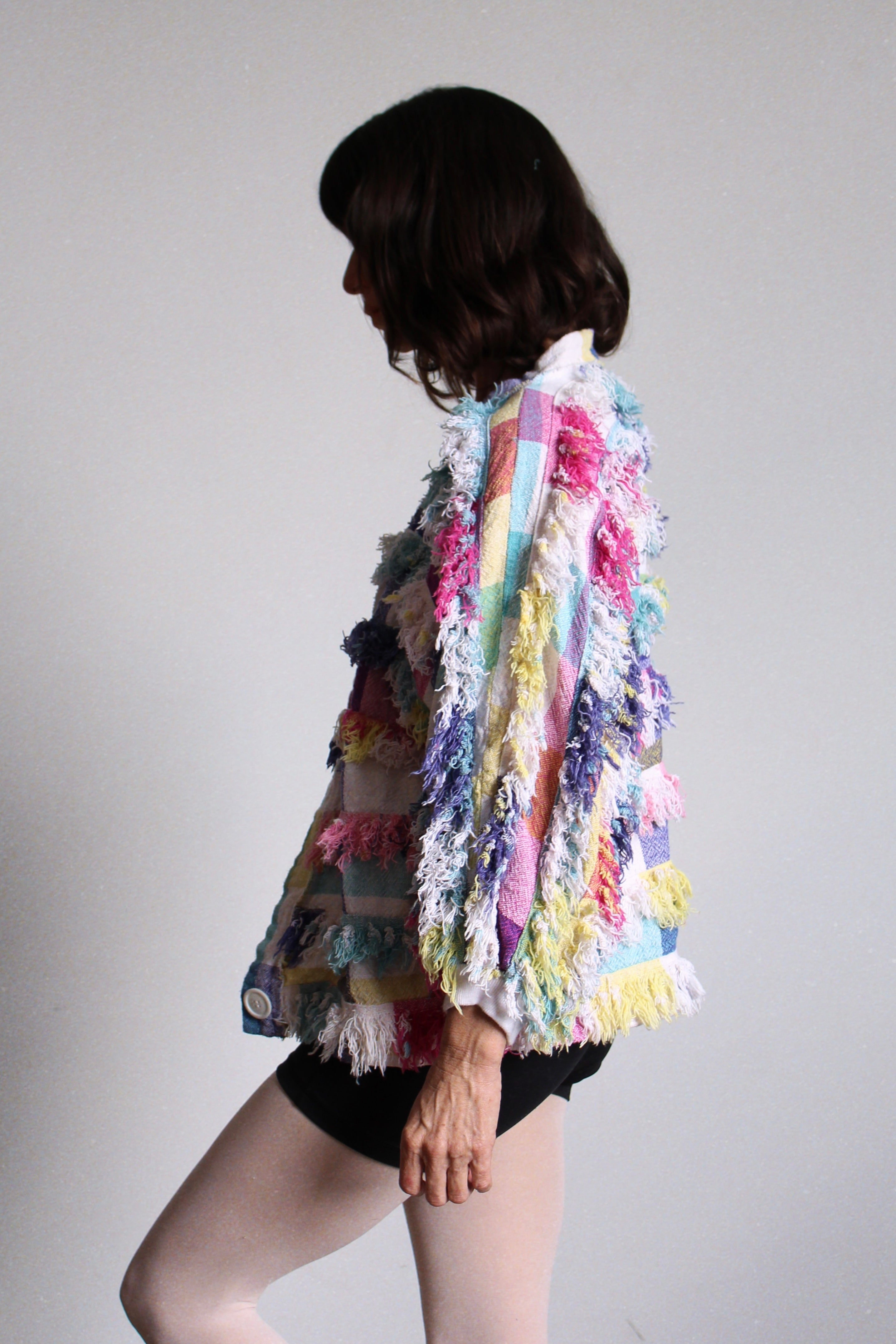Paula Sweet Muslin Mink Art to Wear Pastel Cotton Fringe Cardigan