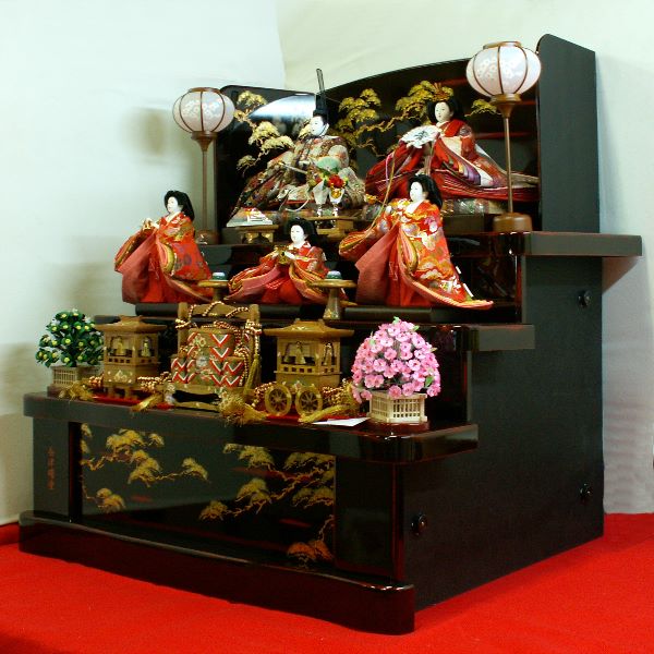 研ぎだした会津曙塗りに赤いお姫様が映える雛人形三段飾りが安い