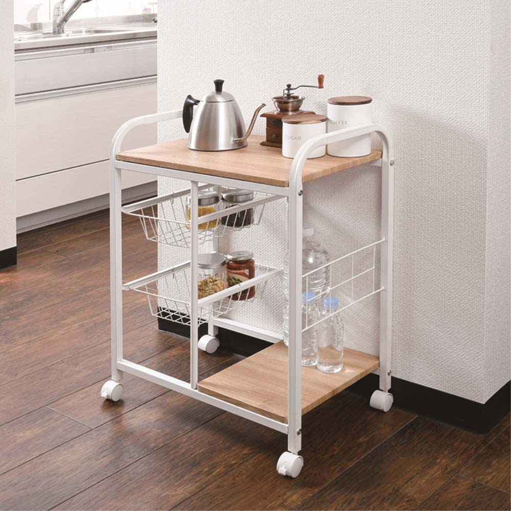 LIFELEX 2段キッチンワゴン ナチュラル／ホワイト カゴ付: 家具