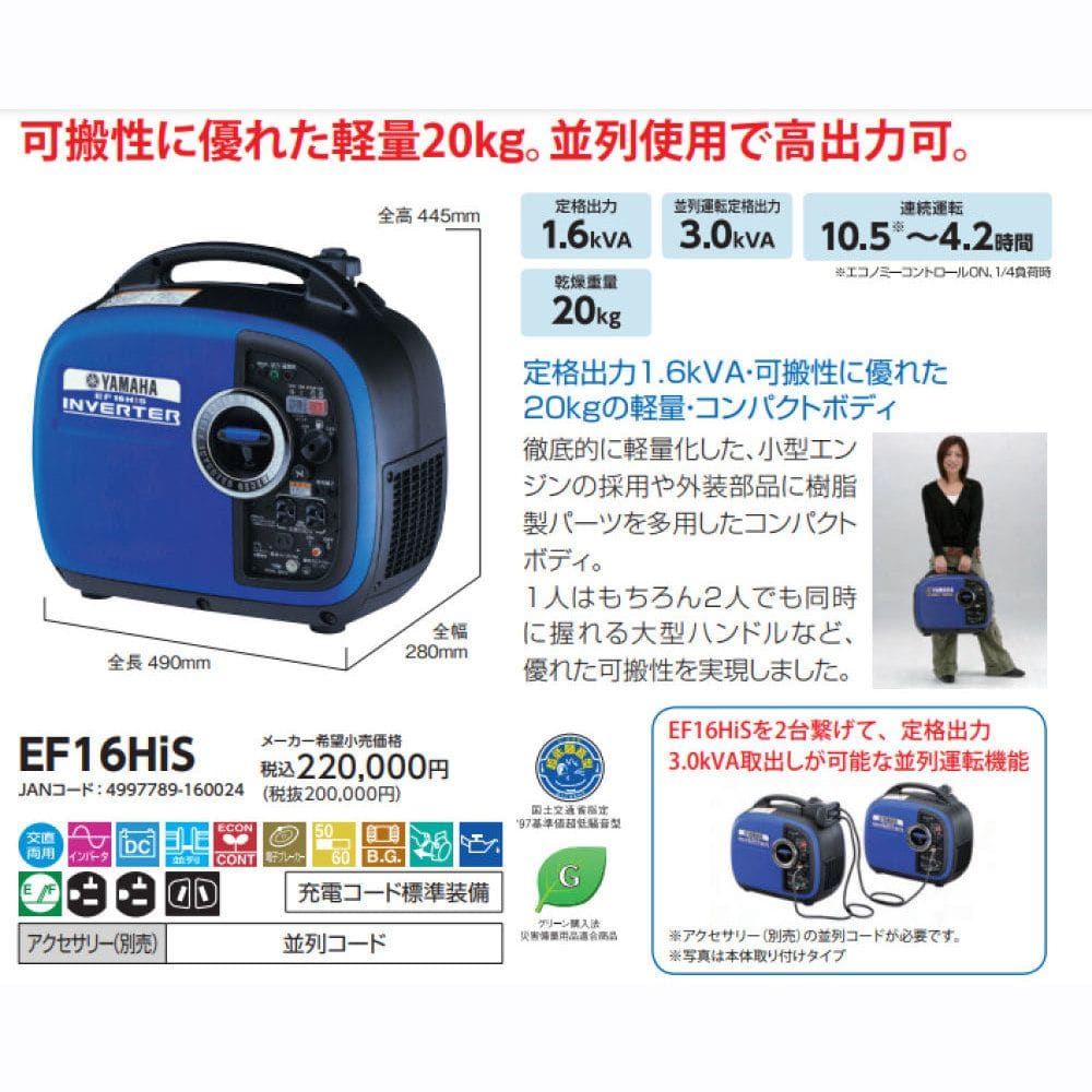 ヤマハ インバーター発電機 EF16HiS 1600W の通販