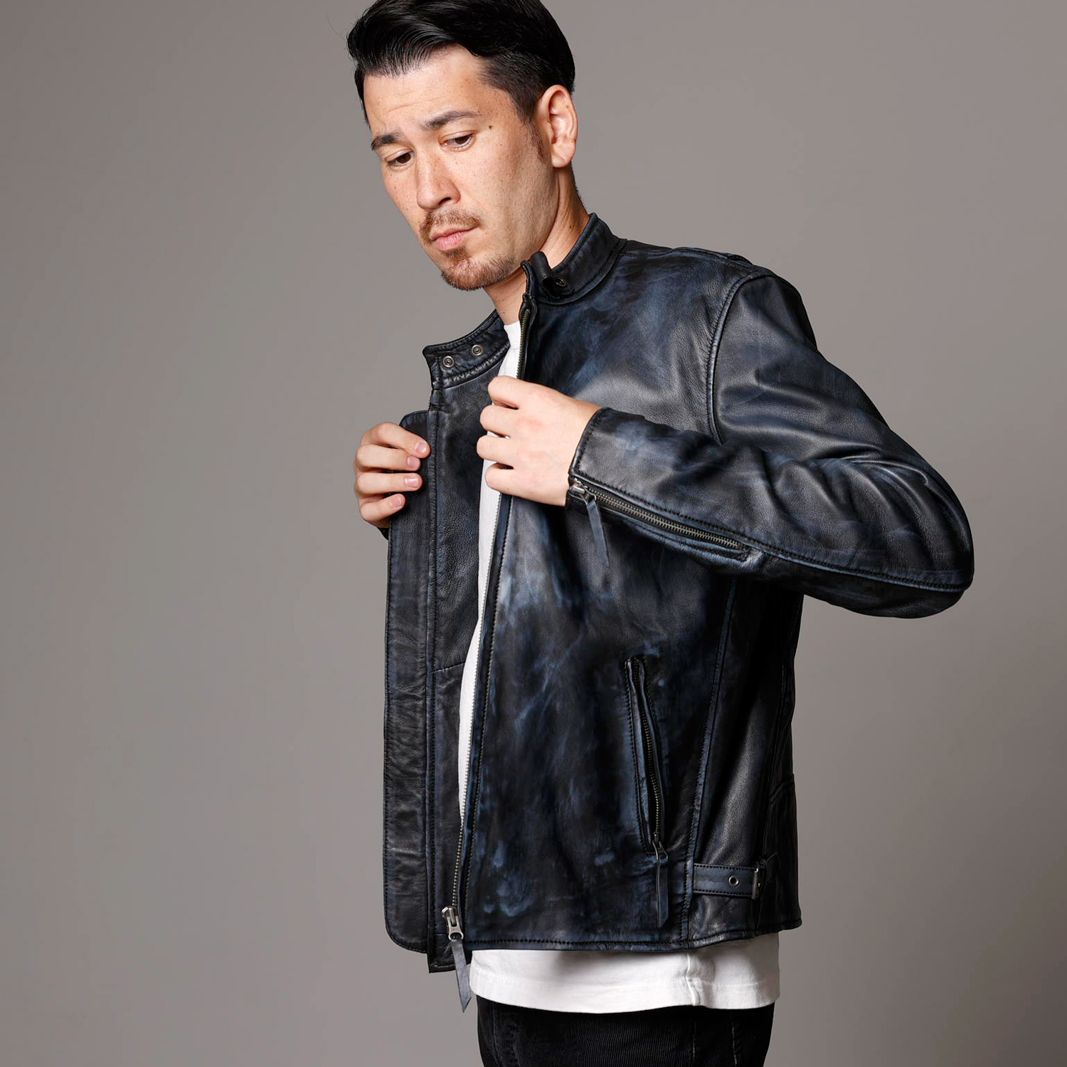 Mo-Laws ラム革 アンティーク加工 シングルライダースジャケット