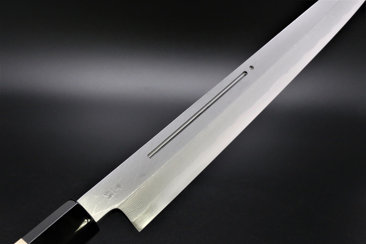 切付柳刃 青一鋼 300mm ダマスカス 墨流し 血流し入り 鞘付き 中川悟志