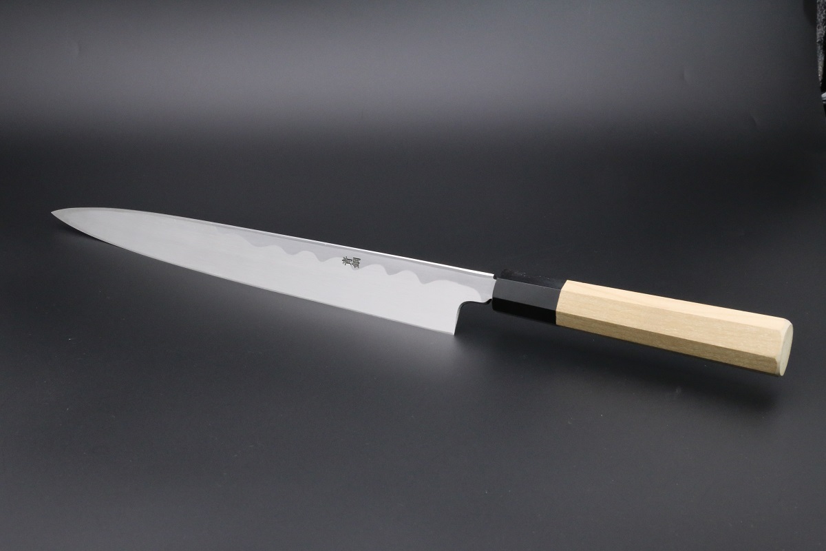 柳刃 青二鋼 300mm 本霞仕上 白木健一作-歌舞伎ナイフ