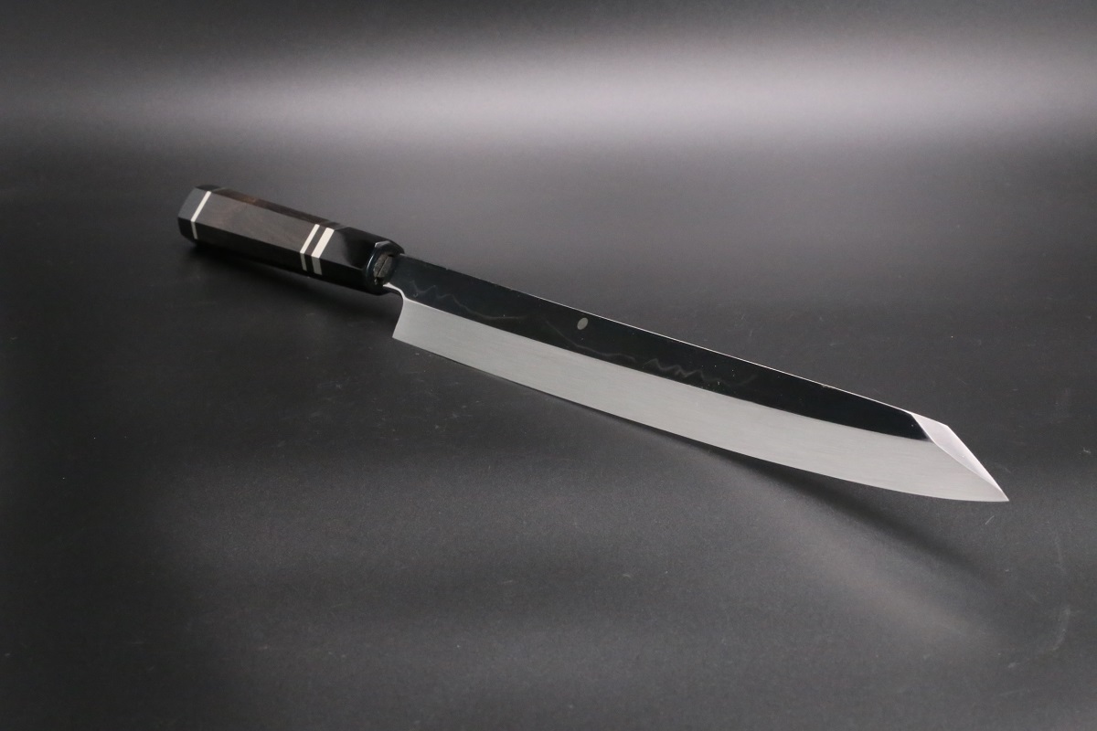 白一鋼 本焼 佑成 柳刃 包丁 和包丁 黒檀黒水牛銀巻八角柄 鞘付き 柳刃