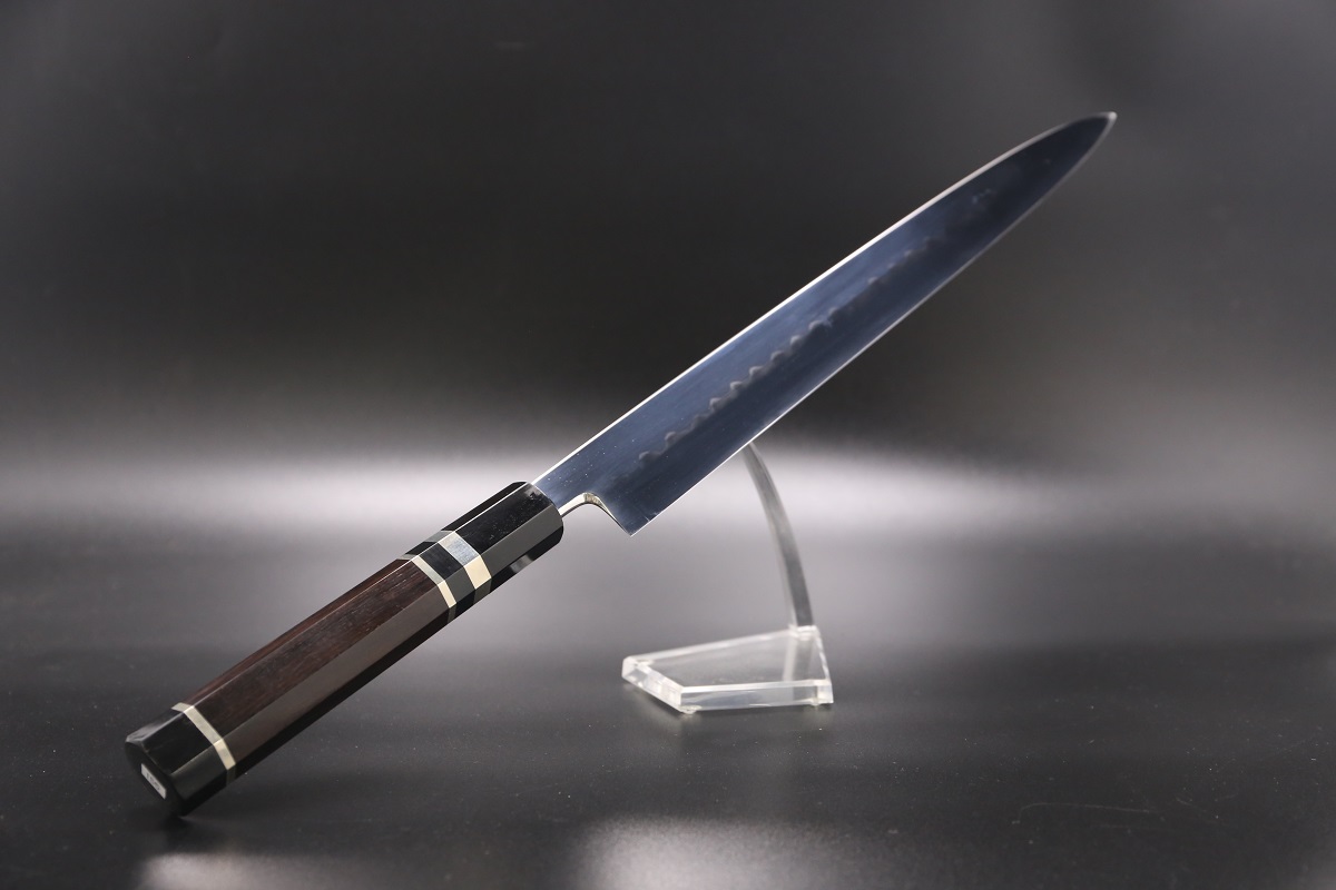 柳刃 白鋼 330mm 油本焼 表鏡面 波浮かし 黒檀柄 鞘付き 白木健一作