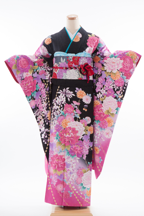 成人式 振袖 レンタル 140125-S 黒ラメ ピンク 花