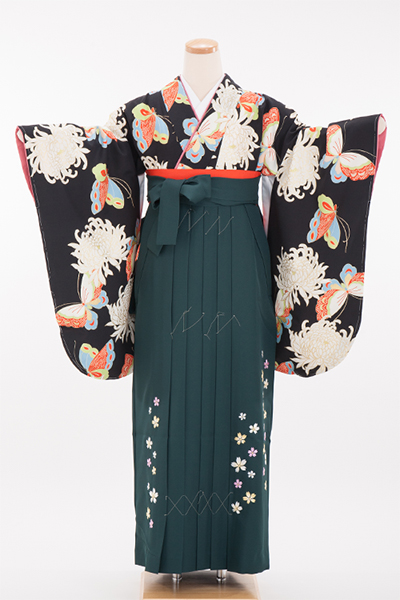 卒業式用 小振袖・袴セット レンタル 340056 山本寛斎 黒地 蝶 袴緑桜