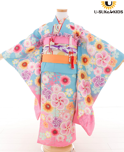 七五三 着物 レンタル 7歳 四つ身セット 320058 U-SUKe KIDS 水色 ひまわり