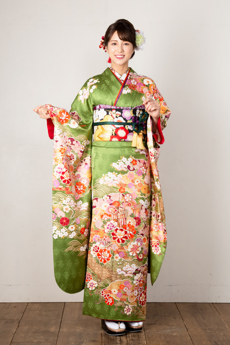 MKK-28016】☆グリーン地に御所車と花柄振袖 | 日本最大級の着物・振袖