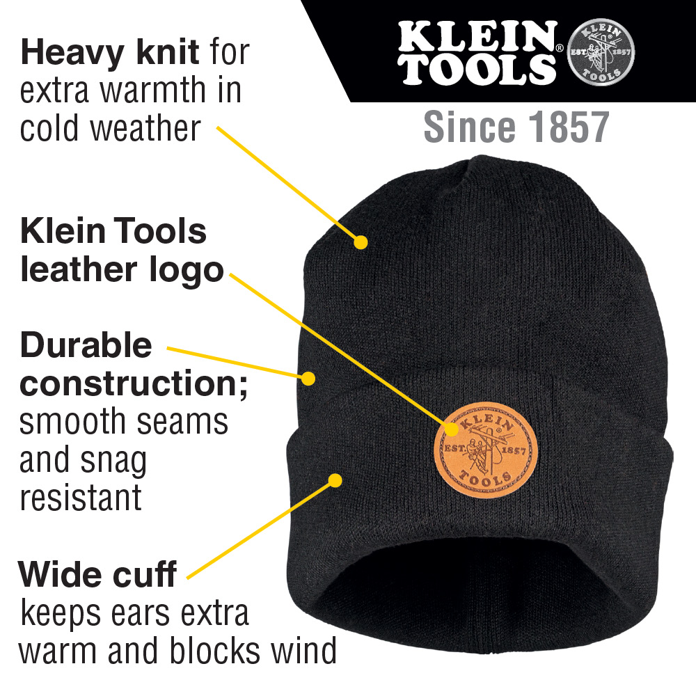 Heavy Knit Hat, Black, Leather Logo - 60569 | Klein Tools