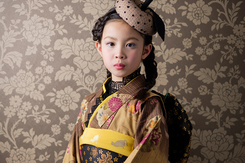 レトロ着物♡七五三 7歳 女の子 フルセット 一式 山吹色 孔雀 レトロ