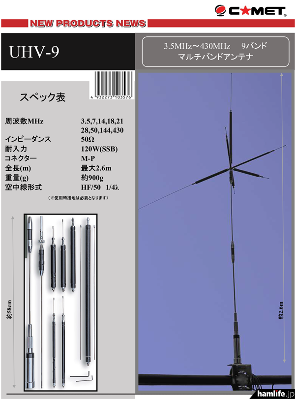 アイコムの新製品“IC-705”にも好適＞コメット、3.5～430MHz帯の9バンド