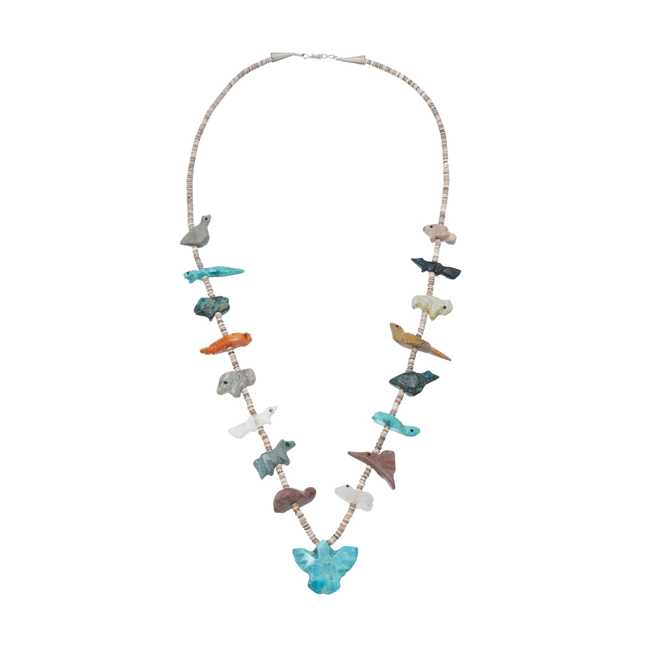 Fetishes necklace, stone carved animals (turquoises, pipestone