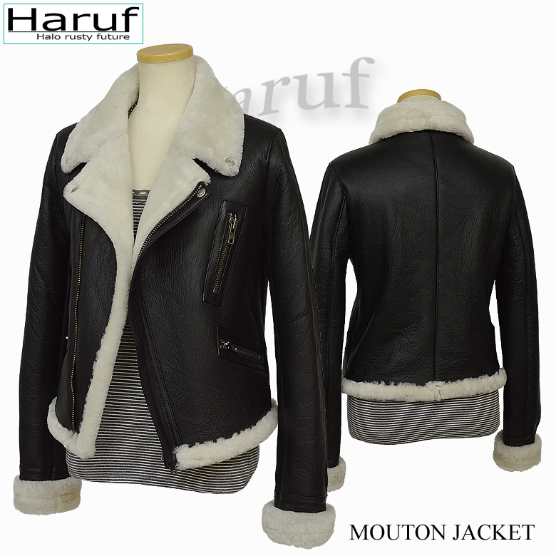 ムートンジャケット Haruf ブランド 本物 ダブル ライダースジャケット