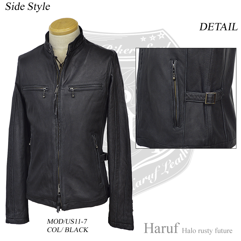 渋い光沢のブラックレザージャケット。製品洗いを施したビンテージ加工