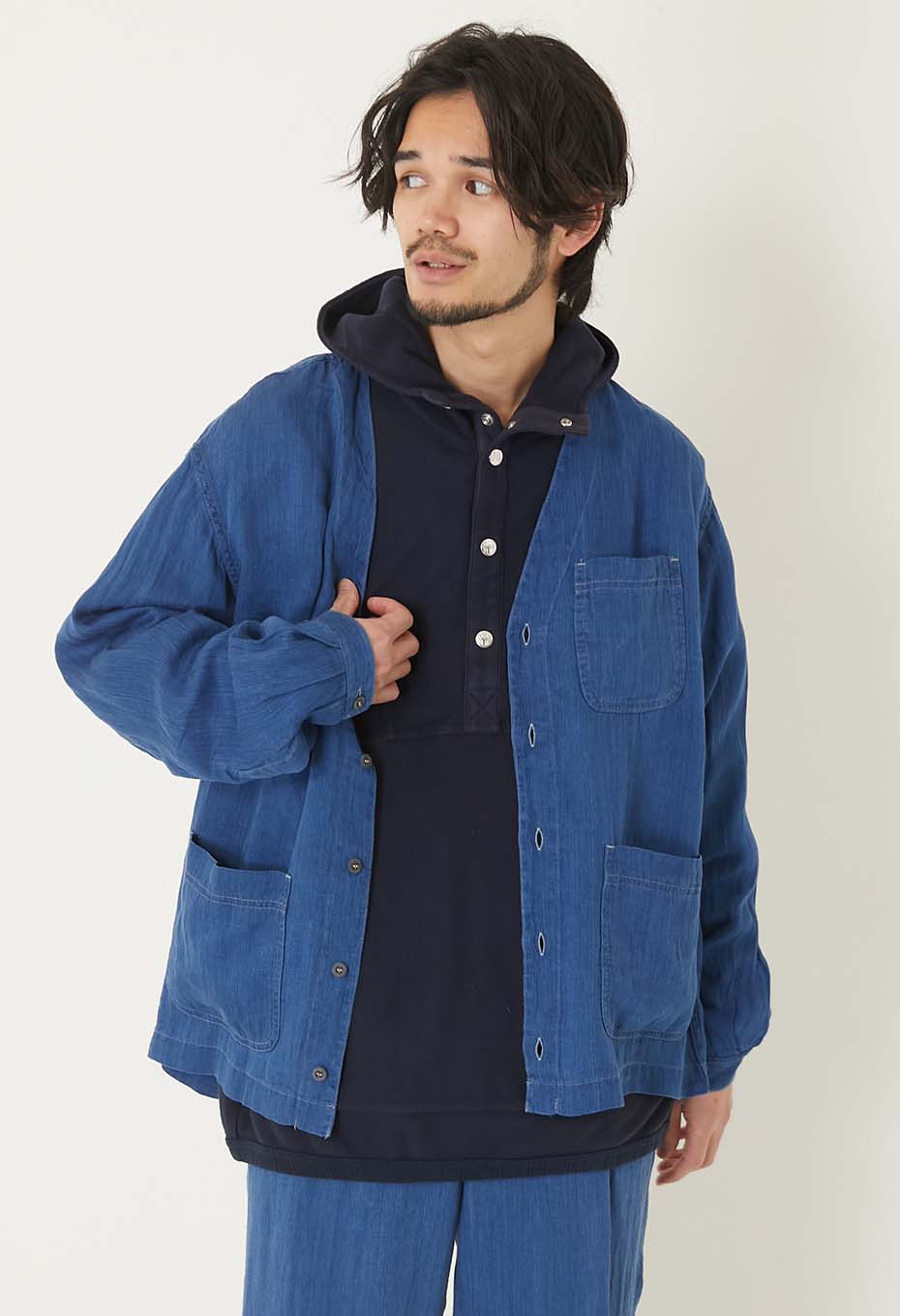 インディゴリネン ハイカウントツイル シャツカーディガン | BLUE BLUE