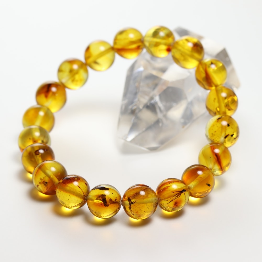 珍品]虫入り琥珀ブレスレット/天然アンバー（約10mm玉） - 埼玉県吉川