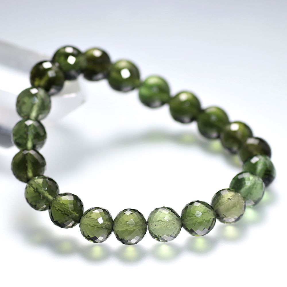 高品質]天然モルダバイトブレスレット/ラウンドカットビーズ（約9.2