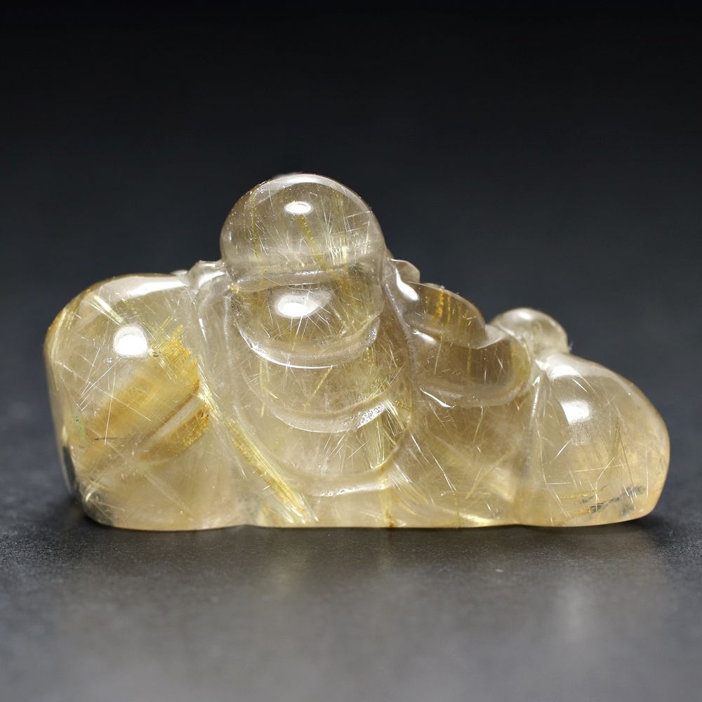 ブラジル産]ゴールドルチルクォーツ彫刻/布袋様（専用木製台座付