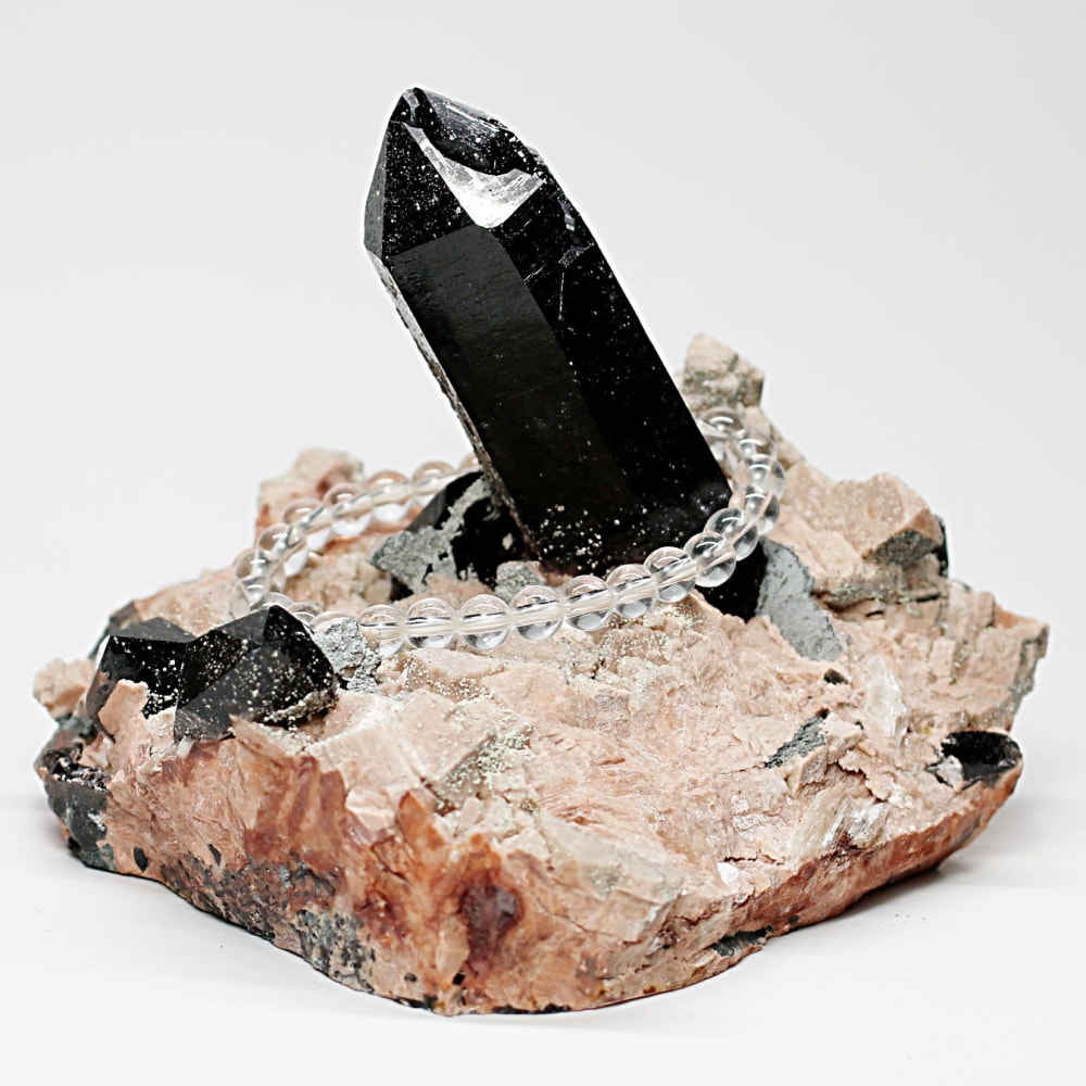 希少・山東省産]天然モリオン原石クラスター（黒水晶/カルサイト共生