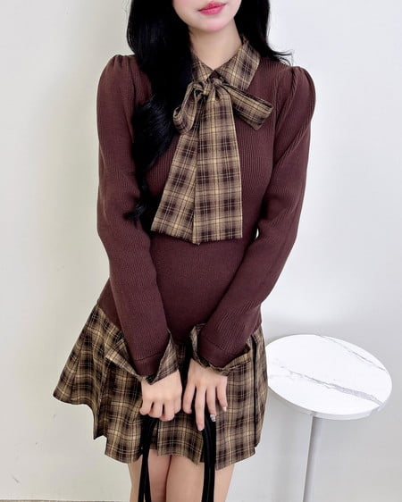 チェック柄ボウタイシャツドッキングニットワンピース｜INGNI(イング