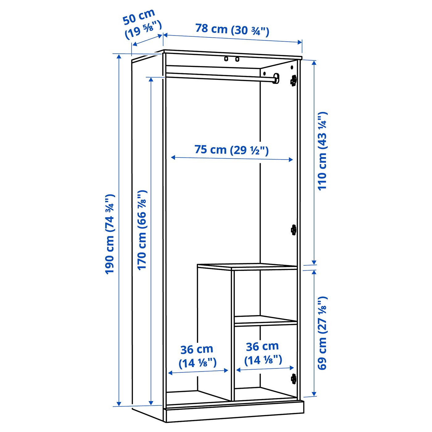 BRIMNES wardrobe with 2 doors, white, 303/4x195/8x743/4
