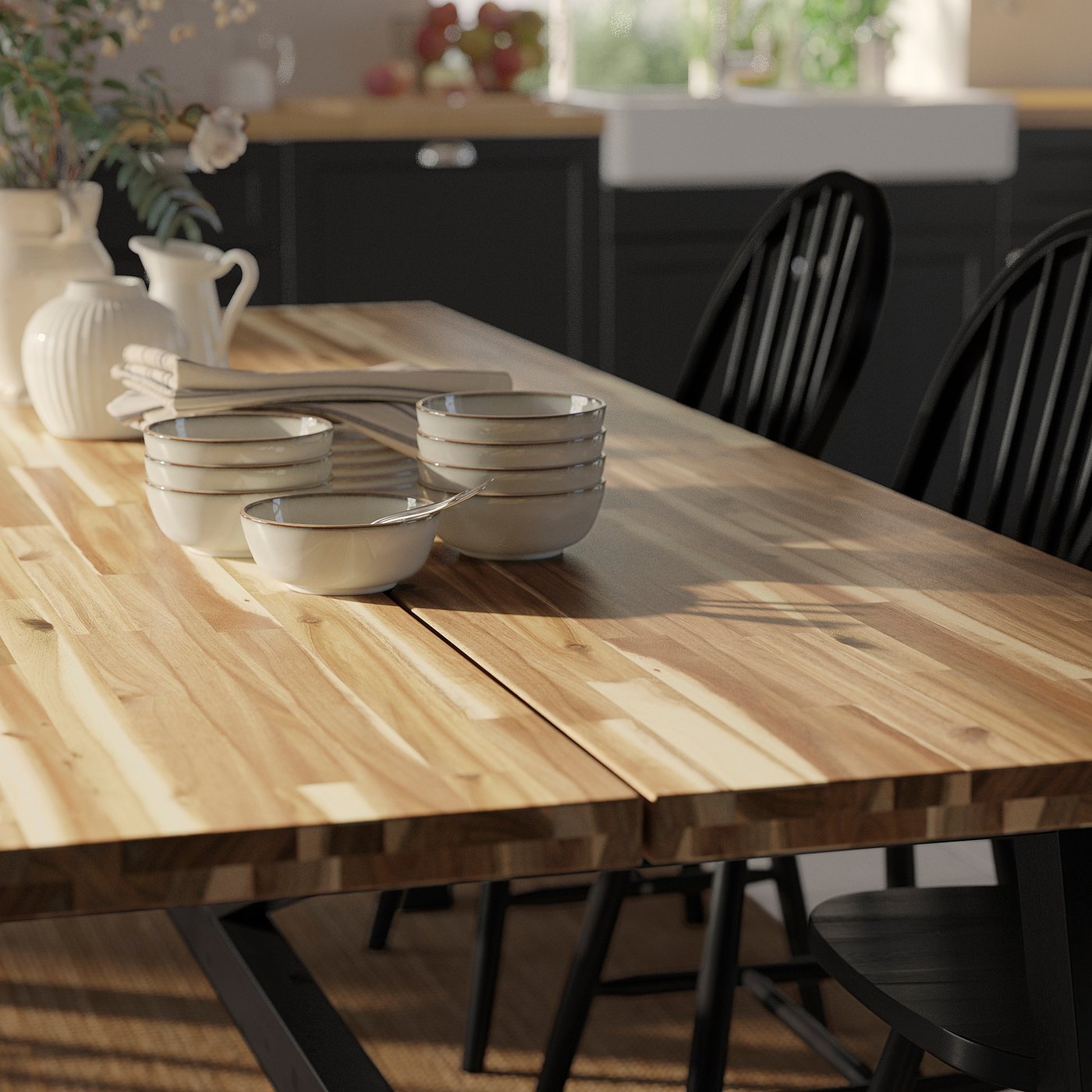 SKOGSTA table, acacia/black, 63x317/8x291/8