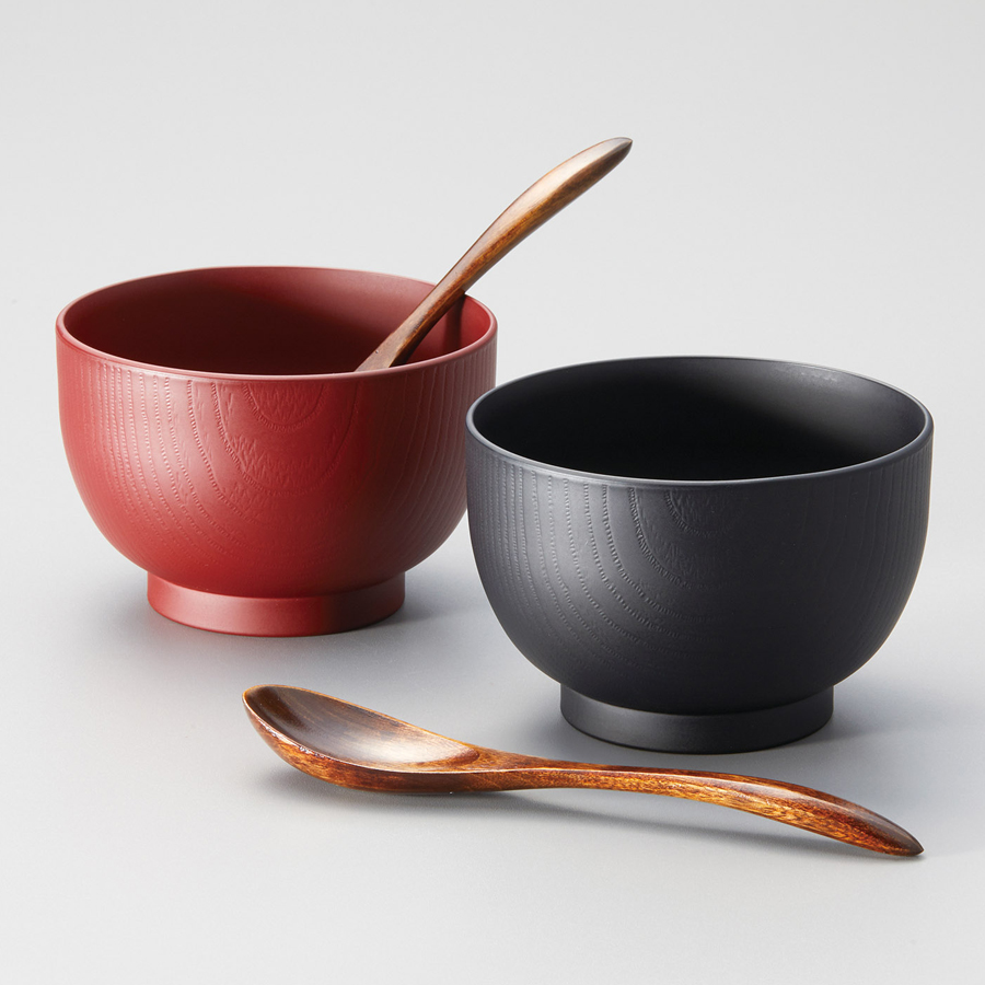 夫婦椀 木目汁椀ペア スプーンセット 吟朱・黒 2客セット 12-04402