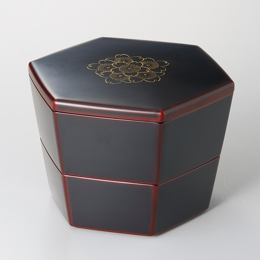 二段重 亀甲入子 沈金桜 溜内黒/古代朱 漆塗り 漆器の井助