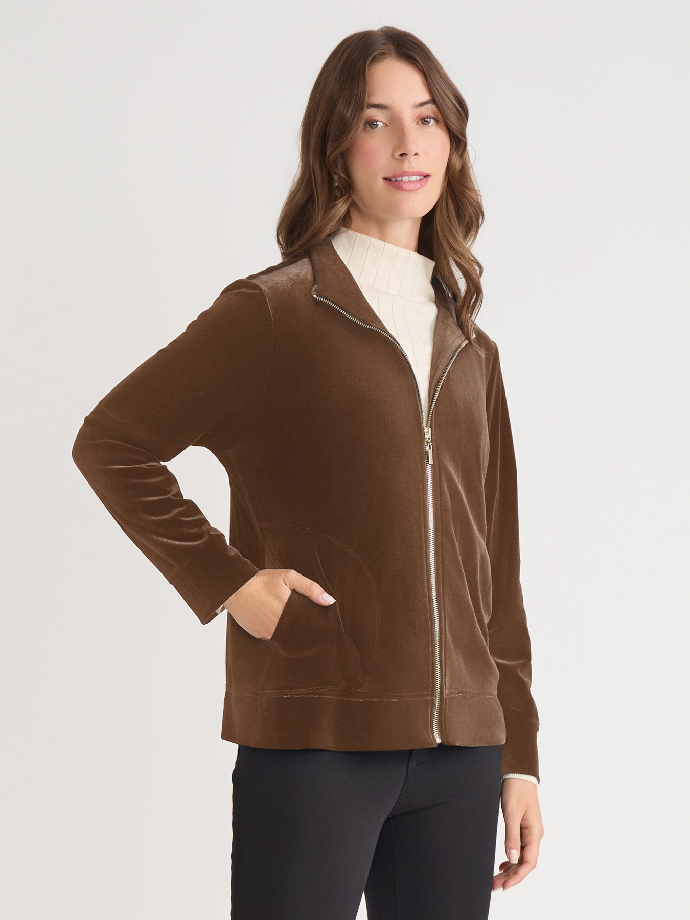 Mock Neck Zip-Front Velour Jacket