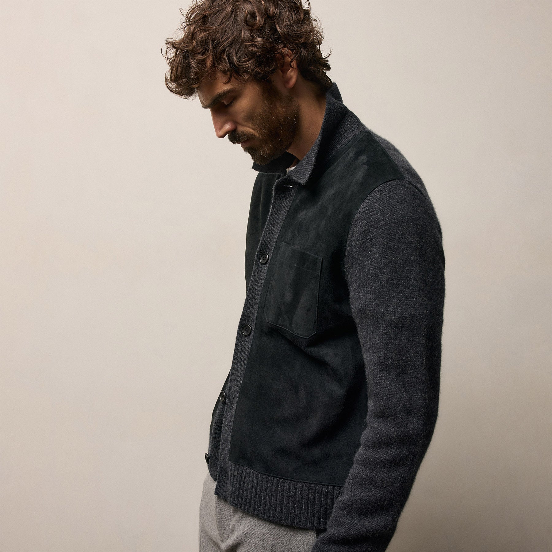 Suede Front Cashmere Cardigan - Coal | James Perse Los Angeles