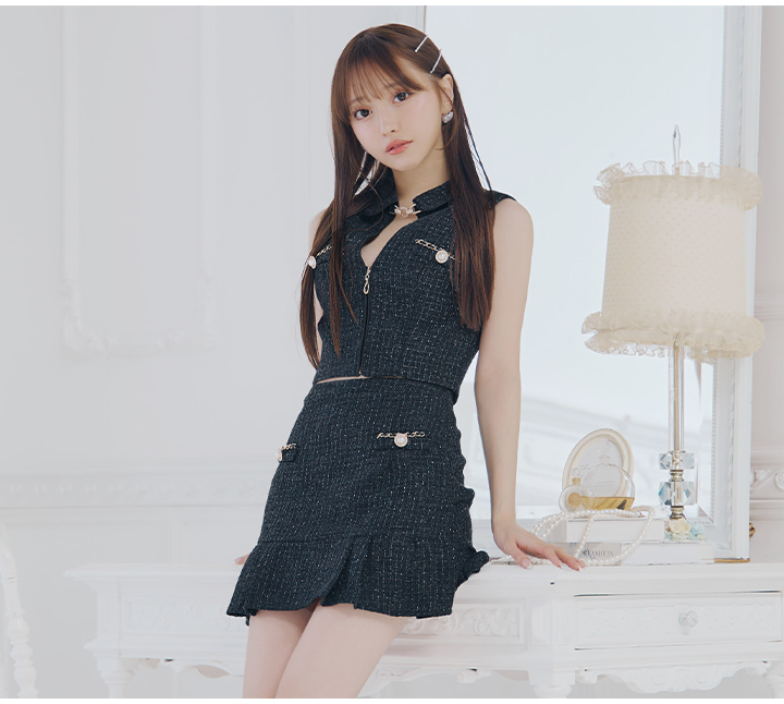 即日発送】【送料無料】プリーツツイードパールボタンドレス/キャバ