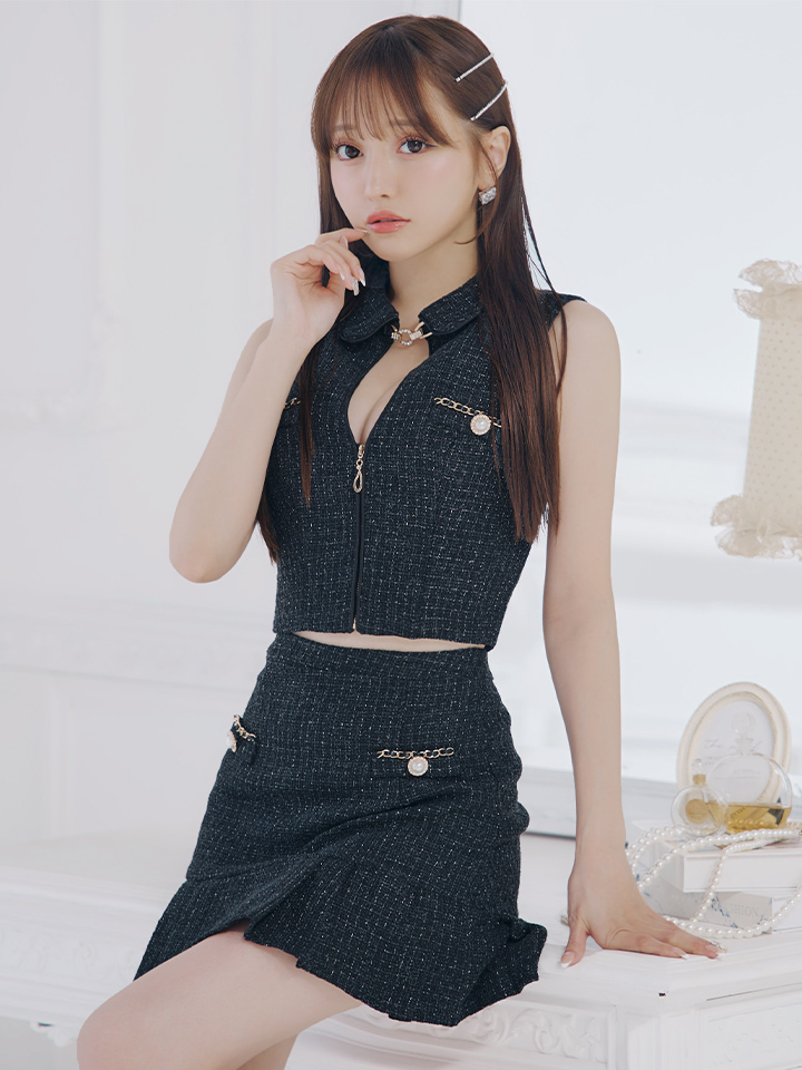 即日発送】【送料無料】プリーツツイードパールボタンドレス/キャバ