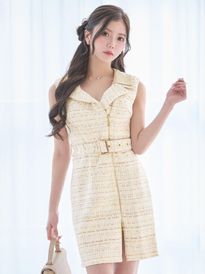 ジップアップジャケットベルトツイードミニドレス/キャバドレス【S-M